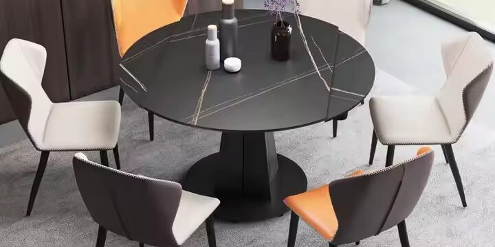 Modern Round Ceramic Dining Table with Customizable Base and Finish