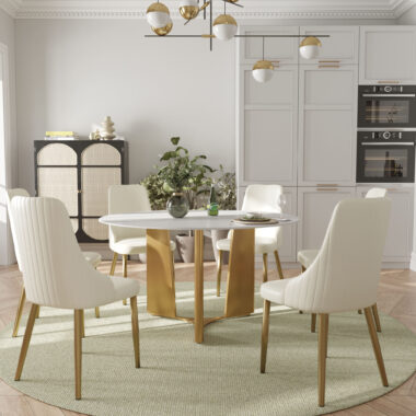 Modern luxury round ceramic dining table with a durable sintered stone surface and elegant base
