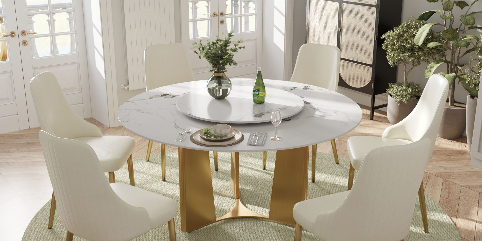 Modern luxury round ceramic dining table with a durable sintered stone surface and elegant base