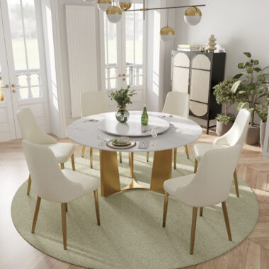Modern luxury round ceramic dining table with a durable sintered stone surface and elegant base