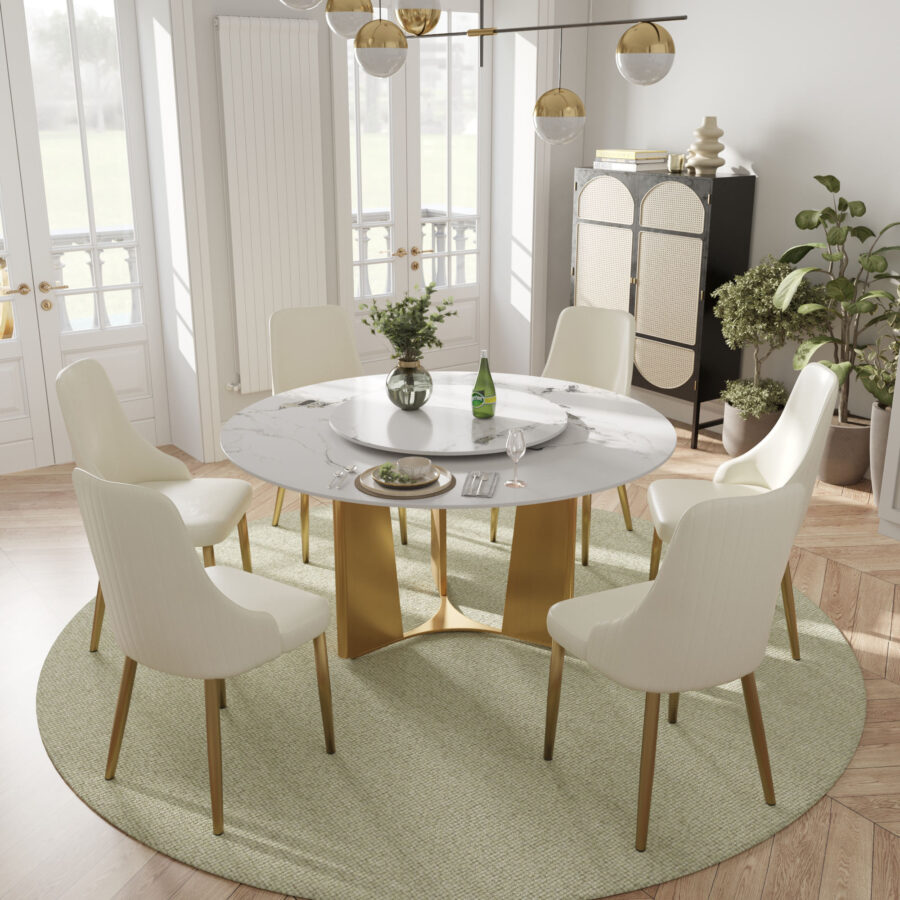 Modern luxury round ceramic dining table with a durable sintered stone surface and elegant base
