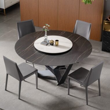 Modern luxury round ceramic dining table with a durable sintered stone surface and elegant base