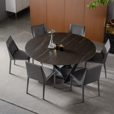 Modern luxury round ceramic dining table with a durable sintered stone surface and elegant base