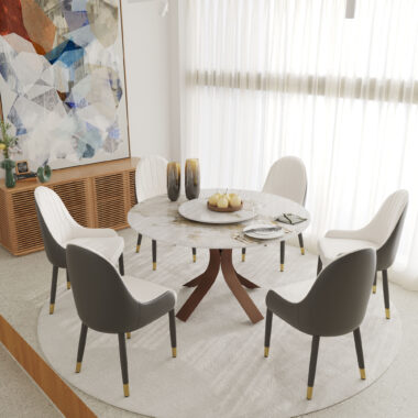 Modern luxury round ceramic dining table with a durable sintered stone surface and elegant base