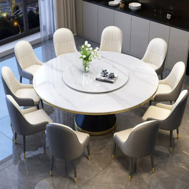 Modern luxury round ceramic dining table with a durable sintered stone surface and elegant base