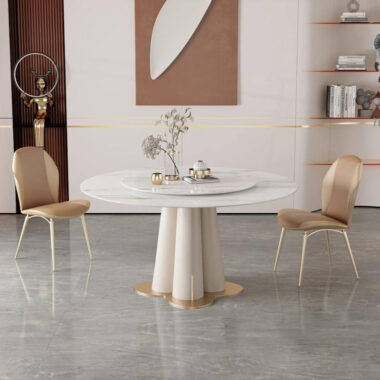 minimalist round ceramic dining table with sintered stone top