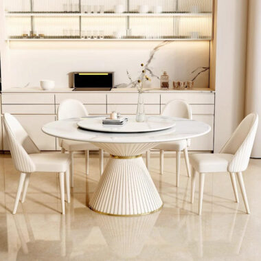 minimalist round ceramic dining table with sintered stone top