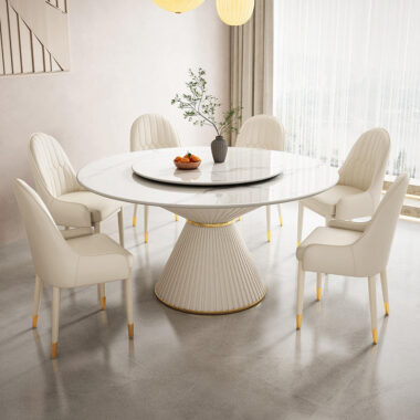minimalist round ceramic dining table with sintered stone top