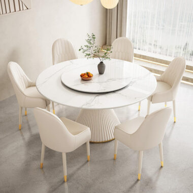 minimalist round ceramic dining table with sintered stone top