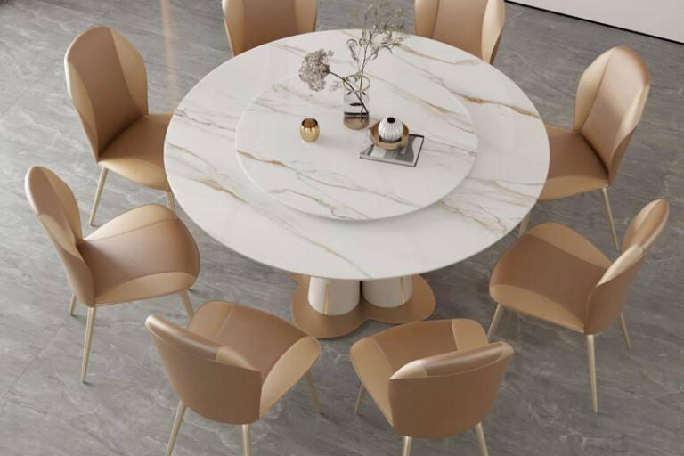 minimalist round ceramic dining table with sintered stone top