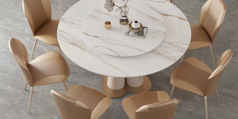 minimalist round ceramic dining table with sintered stone top