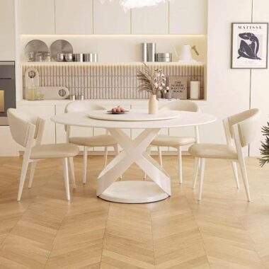 White cream-style minimalist round ceramic dining table