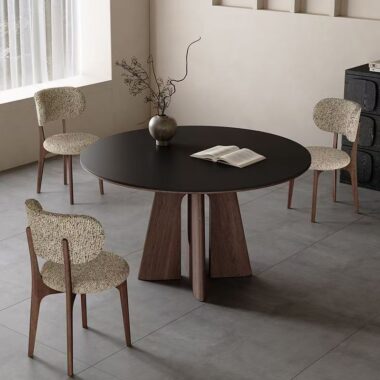 Nordic round ceramic dining table with solid wood legs