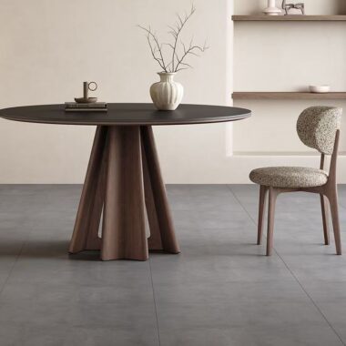 Nordic round ceramic dining table with solid wood legs