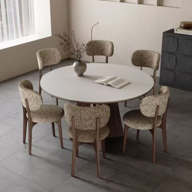 Nordic round ceramic dining table with solid wood legs