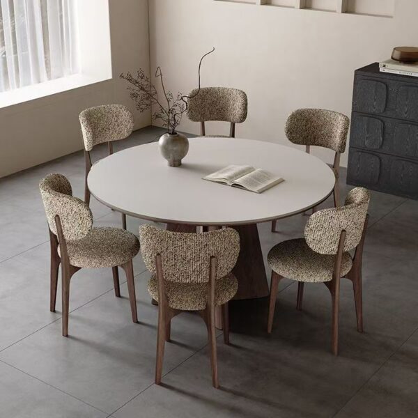 Nordic round ceramic dining table with solid wood legs