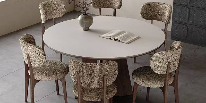 Nordic round ceramic dining table with solid wood legs