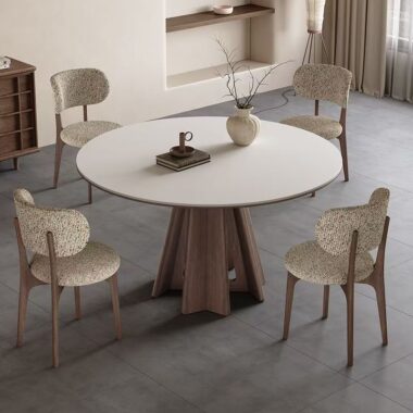 Nordic round ceramic dining table with solid wood legs