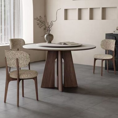 Nordic round ceramic dining table with solid wood legs