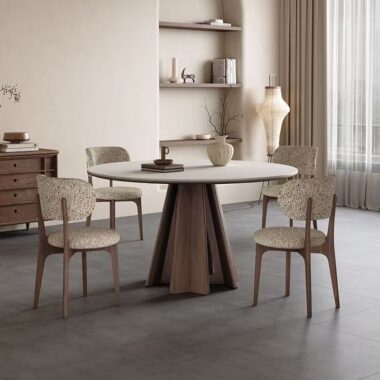 Nordic round ceramic dining table with solid wood legs