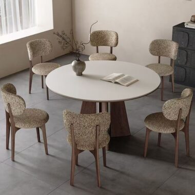 Nordic round ceramic dining table with solid wood legs