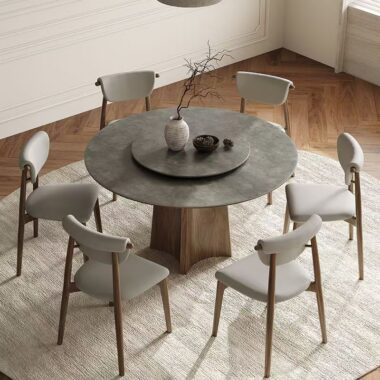 Nordic round ceramic dining table with solid wood legs