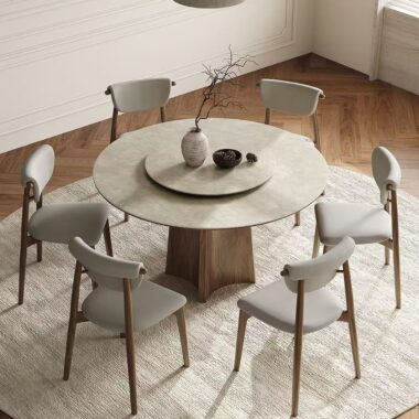 Nordic round ceramic dining table with solid wood legs