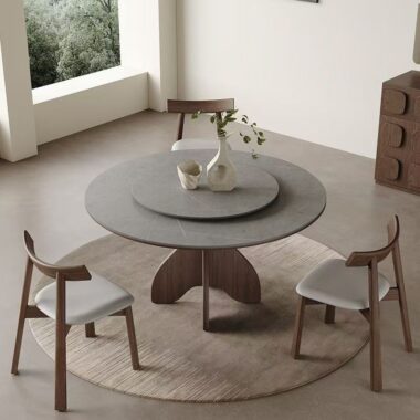 Nordic round ceramic dining table with solid wood legs