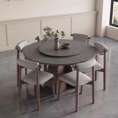 Nordic round ceramic dining table with solid wood legs