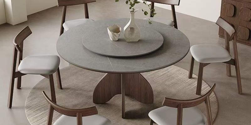 Nordic round ceramic dining table with solid wood legs