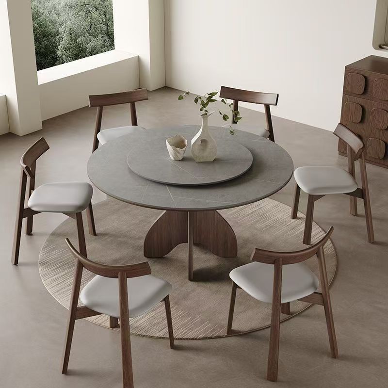 Nordic round ceramic dining table with solid wood legs