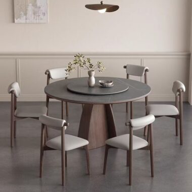Nordic round ceramic dining table with solid wood legs