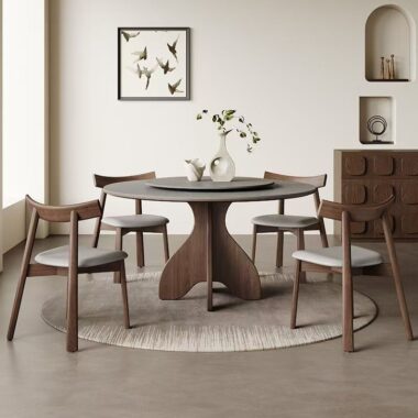 Nordic round ceramic dining table with solid wood legs