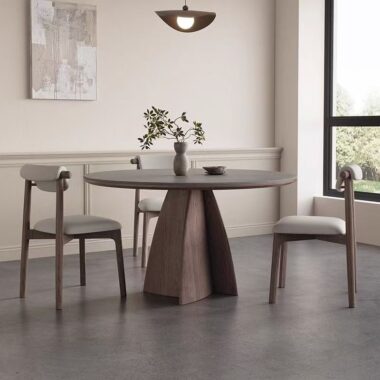 Nordic round ceramic dining table with solid wood legs